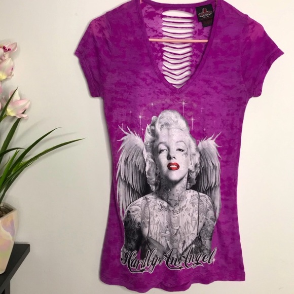 12. Marilyn Monroe Purple Distressed Biker Style t-shirt - Picture 1 of 9